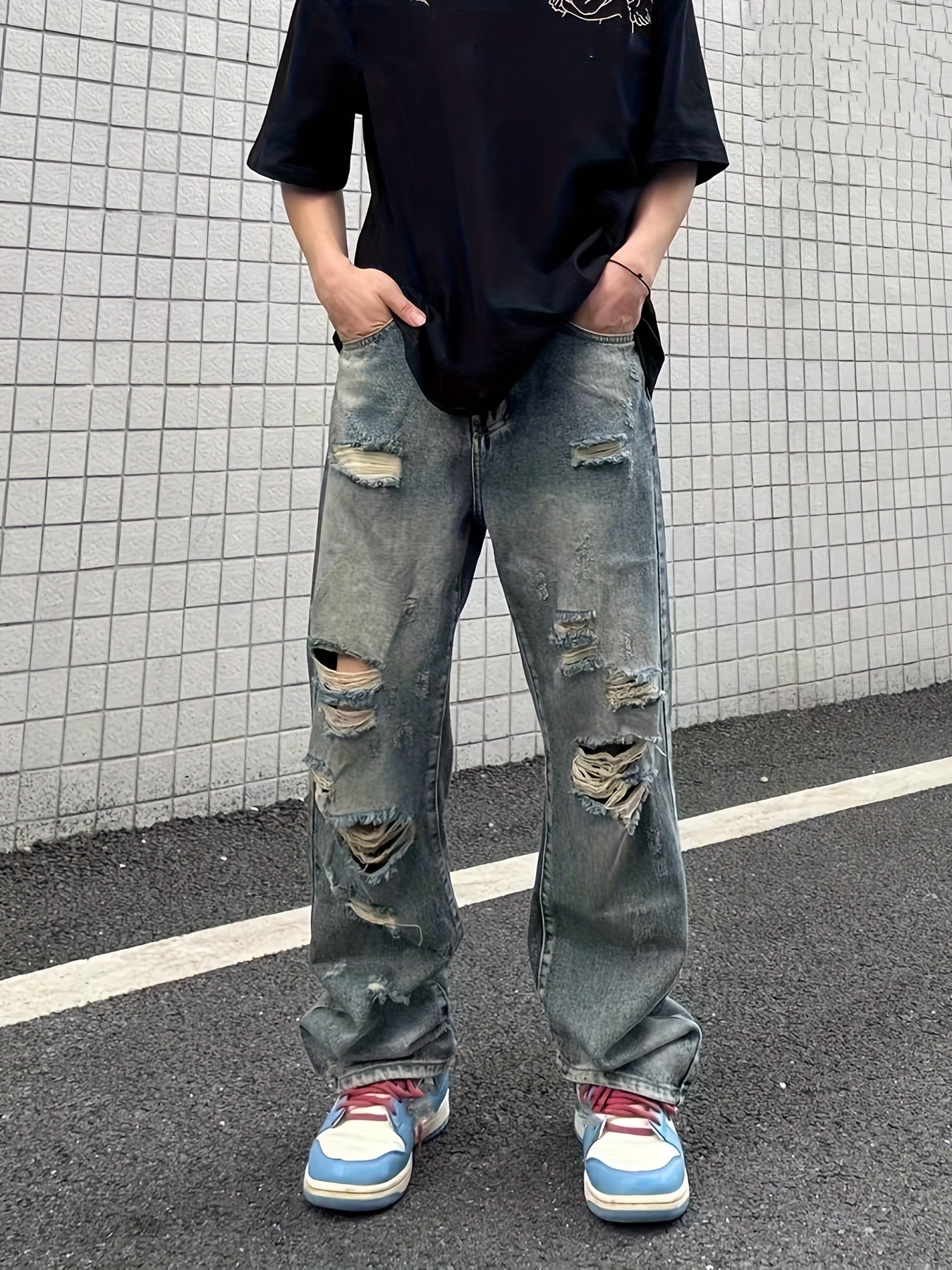 saferido Baggy Ripped Cotton Jeans, Men's Casual Street Style Distressed Denim Pants For Spring Summer K-pop