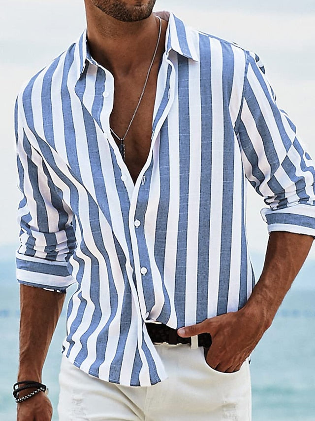Men's Shirt Button Up Shirt Casual Shirt Summer Shirt Beach Shirt Yellow Pink Blue Sky Blue Green Long Sleeve Striped Lapel Street Vacation Print Clothing Apparel Fashion Leisure Hawaiian