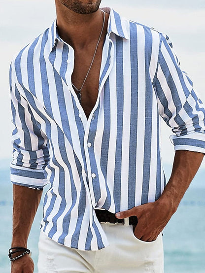 Men's Shirt Button Up Shirt Casual Shirt Summer Shirt Beach Shirt Yellow Pink Blue Sky Blue Green Long Sleeve Striped Lapel Street Vacation Print Clothing Apparel Fashion Leisure Hawaiian