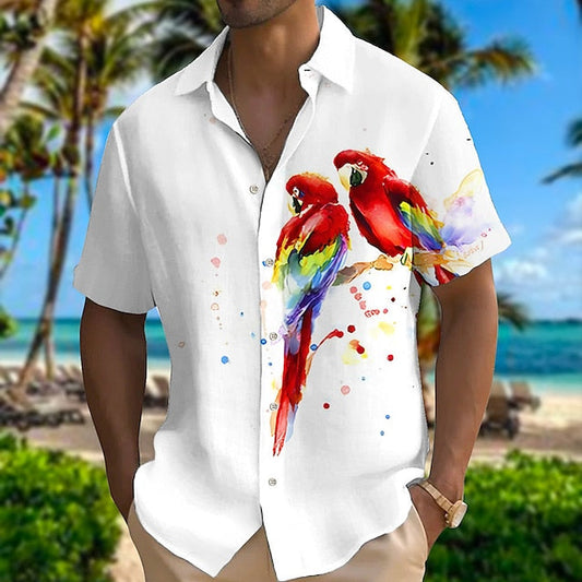 Men's Shirt Linen Shirt Floral Bird Graphic Prints Turndown Pink Red Gray Outdoor Street Short Sleeves Print Clothing Apparel Linen Fashion Designer Casual Soft