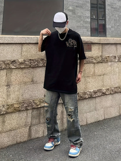 saferido Baggy Ripped Cotton Jeans, Men's Casual Street Style Distressed Denim Pants For Spring Summer K-pop
