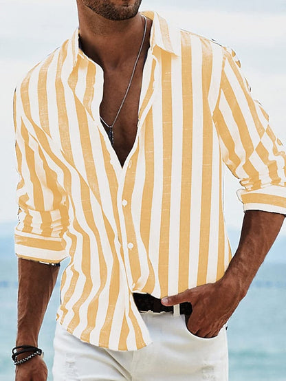 Men's Shirt Button Up Shirt Casual Shirt Summer Shirt Beach Shirt Yellow Pink Blue Sky Blue Green Long Sleeve Striped Lapel Street Vacation Print Clothing Apparel Fashion Leisure Hawaiian