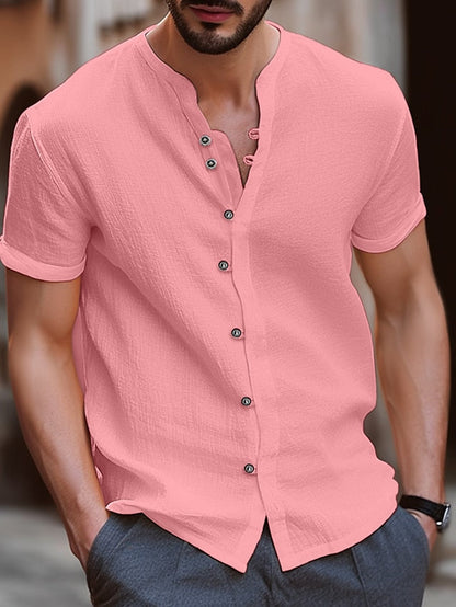 Men's Shirt Linen Shirt Summer Shirt Beach Shirt Black White Pink Short Sleeve Plain Band Collar Summer Casual Daily Clothing Apparel