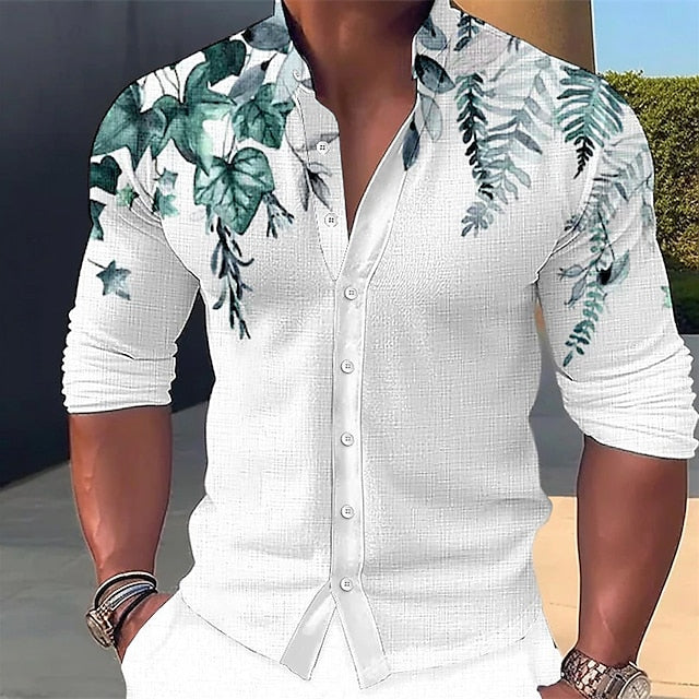 Men's Shirt Linen Shirt Floral Graphic Prints Stand Collar Blue-Green Blue Purple Green Gray Outdoor Street Long Sleeve Print Clothing Apparel Linen Fashion Streetwear Designer Casual