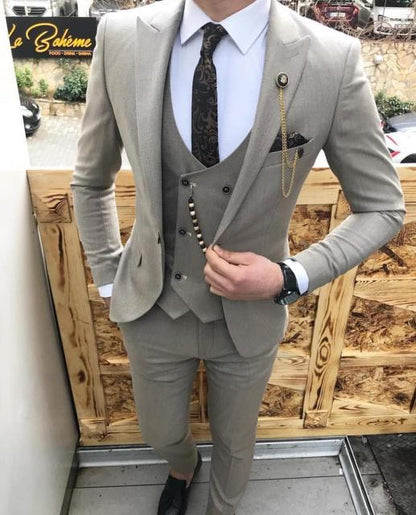 saferido       Men Suit Slim Fit 3 Piece Grey Casual Prom Tuxedos Groom Peaked Lapel Business for Wedding Suits Men (Blazer+Vest+Pant)
