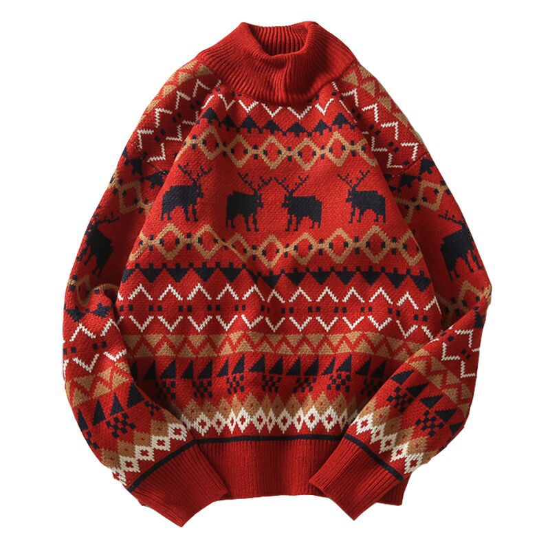 Christmas Printed Deer Sweater Fashion Men Sweater Knitwear Unisex Streetwear Jersey Pull Homme Half Turtleneck Vintage Sweater
