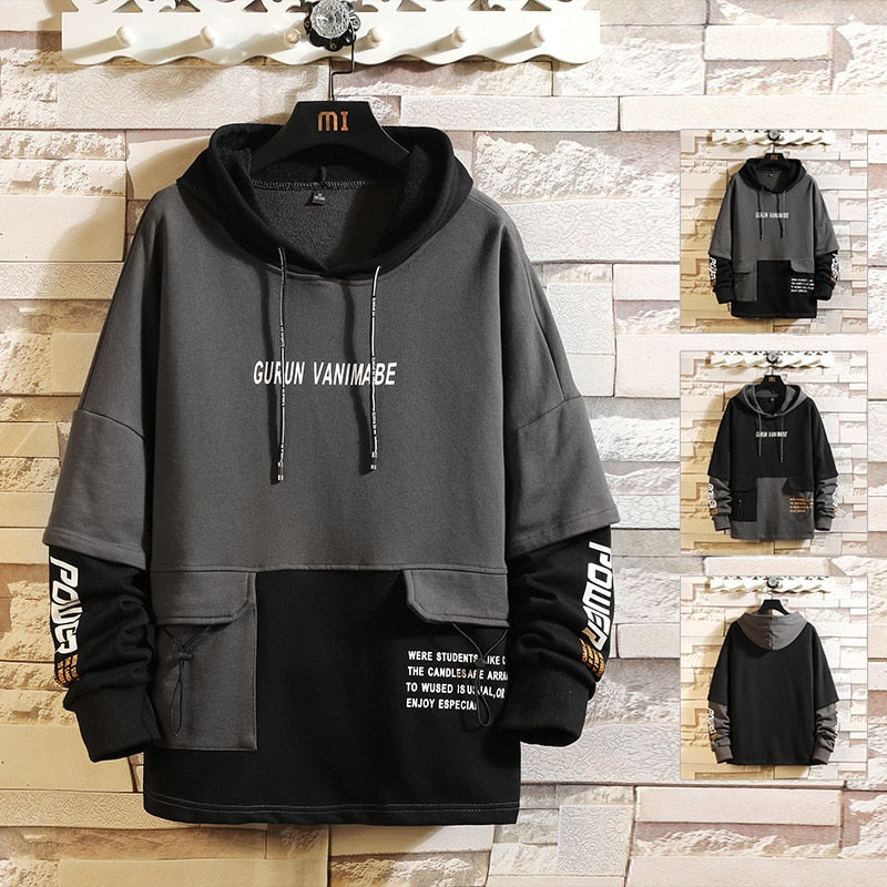 Japan Style Casual O-Neck Spring Autumn Print Hoodie Sweatshirt Men'S Thick Fleece Hip Hop High Streetwear Clothes