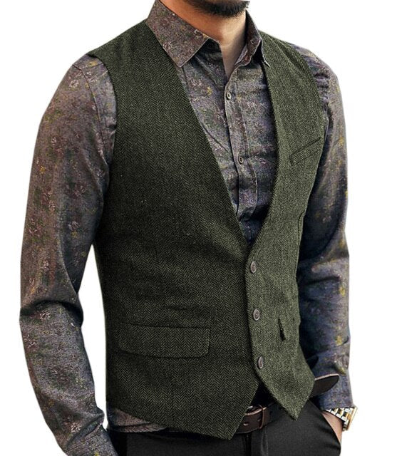 saferido      Grey Men's Vest Suit Boutique Wool Tweed Slim Fit Leisure Cotton Male Gentleman Beckham Business Waistcoat For Wedding Groomsmen