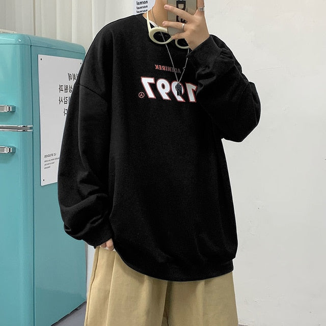 Spring Men Casual Sweatshirts Harajuku 1997 Printed Men Oversized Hoodies Korean Man Casual Loose Pullovers