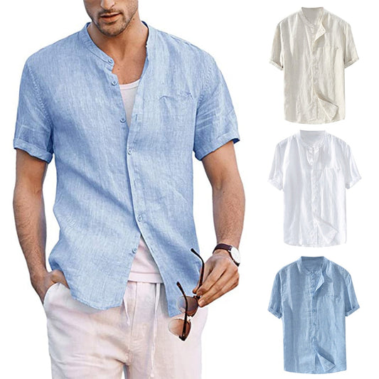 Men Shirts Cotton Linen Button Down Stand-Up Collar Summer Short Sleeve Loose Blouse Plain Over sized Shirt with Pocket 5XL