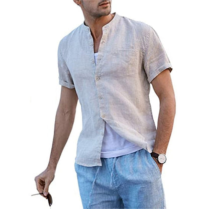 Men Shirts Cotton Linen Button Down Stand-Up Collar Summer Short Sleeve Loose Blouse Plain Over sized Shirt with Pocket 5XL