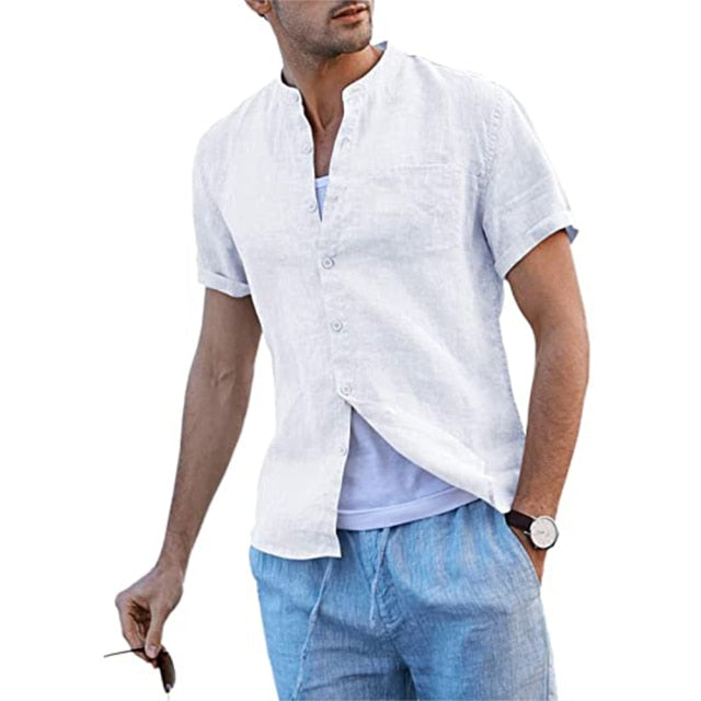 Men Shirts Cotton Linen Button Down Stand-Up Collar Summer Short Sleeve Loose Blouse Plain Over sized Shirt with Pocket 5XL