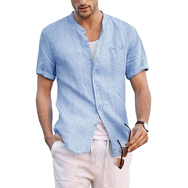 Men Shirts Cotton Linen Button Down Stand-Up Collar Summer Short Sleeve Loose Blouse Plain Over sized Shirt with Pocket 5XL
