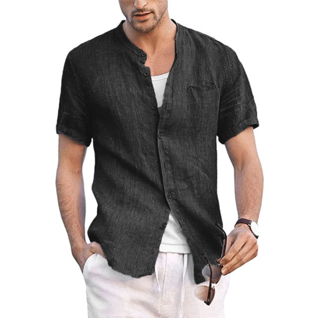 Men Shirts Cotton Linen Button Down Stand-Up Collar Summer Short Sleeve Loose Blouse Plain Over sized Shirt with Pocket 5XL