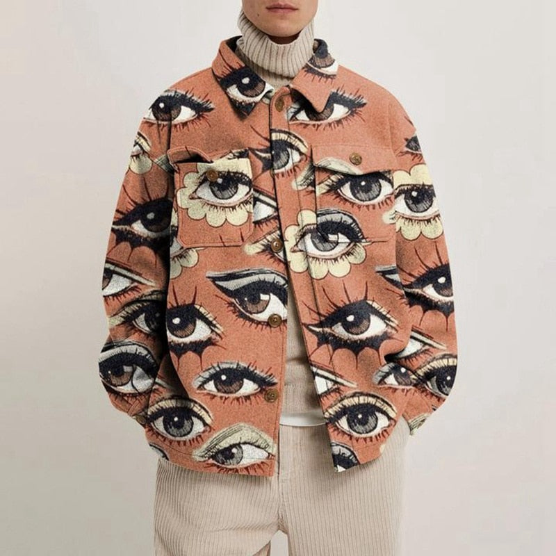 Hipster Men Turn-down Collar Shirts Autumn Winter Fashion Abstract Printed Thick Shirt Mens Cardigan Tops Casual Streetwear