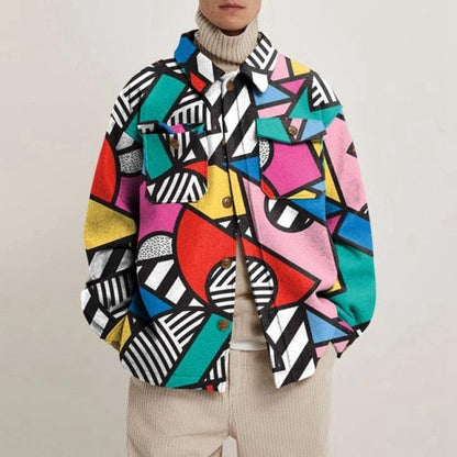 Hipster Men Turn-down Collar Shirts Autumn Winter Fashion Abstract Printed Thick Shirt Mens Cardigan Tops Casual Streetwear