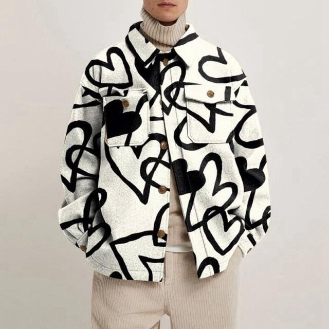 Hipster Men Turn-down Collar Shirts Autumn Winter Fashion Abstract Printed Thick Shirt Mens Cardigan Tops Casual Streetwear