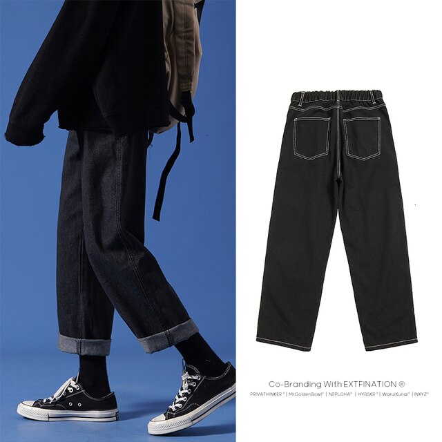 Men Streetwear Blue Jeans Women Black Jeans Korean Fashions Harem Pants Male Denim Pants OverSize