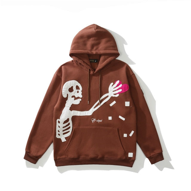 Embroidery Skull Heart Patchwork Brown Cotton Hoodies Men Harajuku Sweatshirt Fleece Punk Hooded Pullover Vintage Clothes