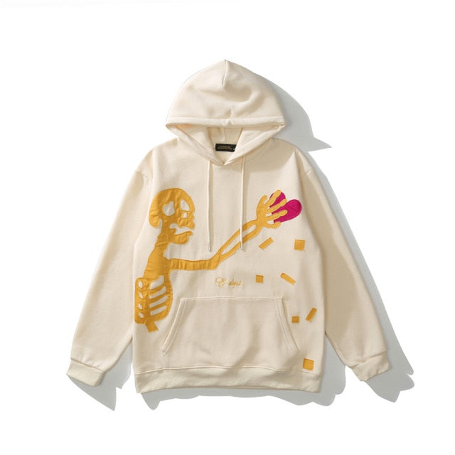Embroidery Skull Heart Patchwork Brown Cotton Hoodies Men Harajuku Sweatshirt Fleece Punk Hooded Pullover Vintage Clothes