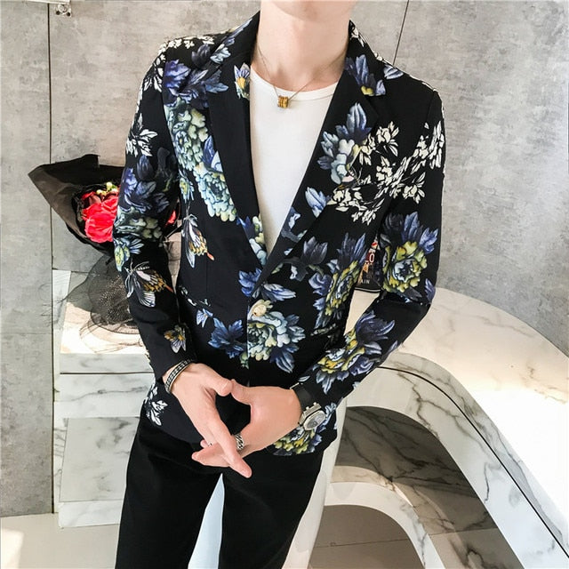Quality Men's Personality Floral Blazer Men's Terno Masculino Slim Casual Spring Fashion Suit Men's Single Button Blazer