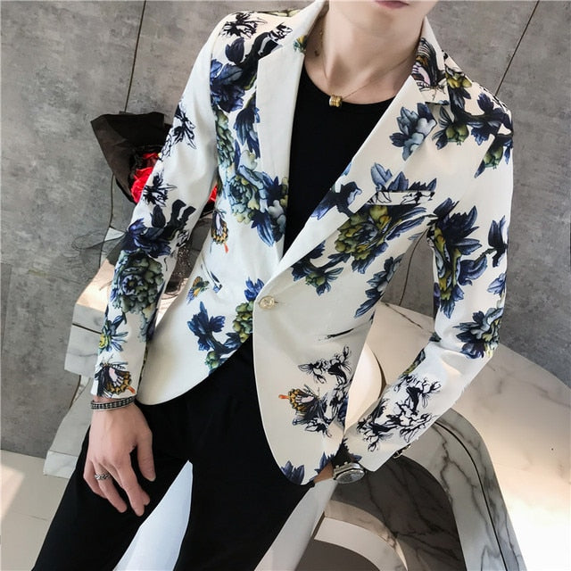 Quality Men's Personality Floral Blazer Men's Terno Masculino Slim Casual Spring Fashion Suit Men's Single Button Blazer