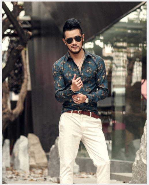 Autumn Men's Long Sleeve Shirt Lapel Print Shirts for Men Classic Vintage Shirt Casual Streetwear Tops Slim Fit Handsome Blouse