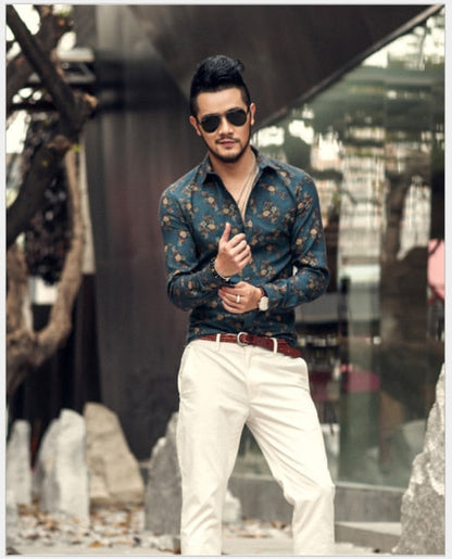 Autumn Men's Long Sleeve Shirt Lapel Print Shirts for Men Classic Vintage Shirt Casual Streetwear Tops Slim Fit Handsome Blouse