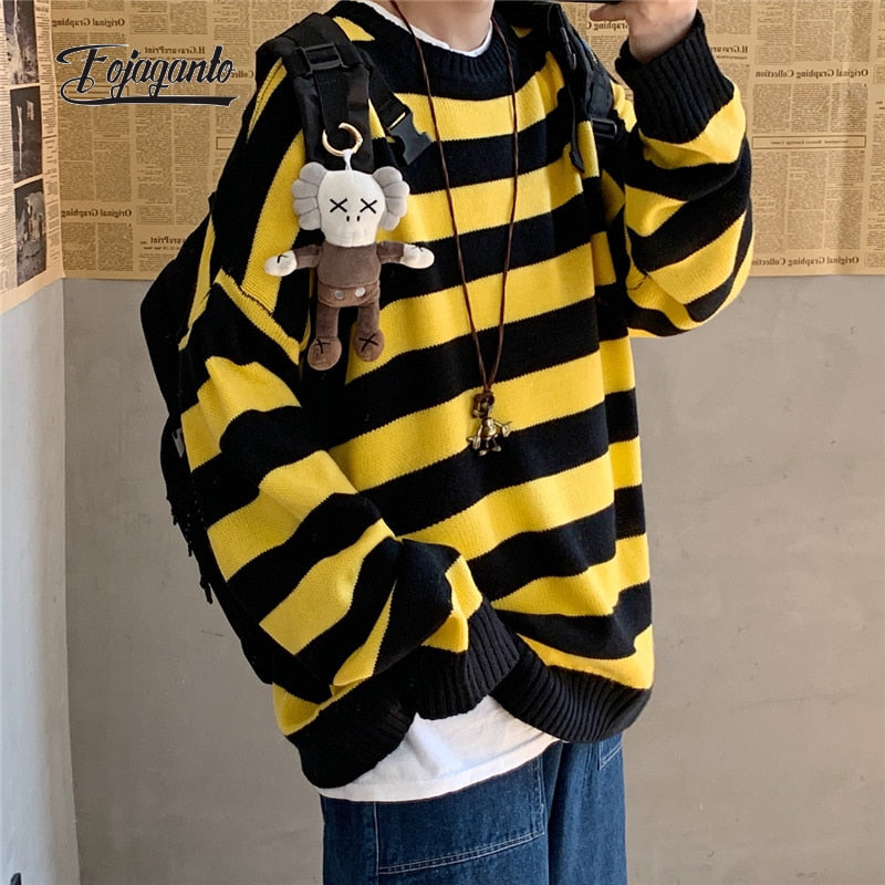 saferido       Men's Autumn Round Neck Sweater Korean Loose Casual Oversize Knit Pullover Youth Trend Fashion Striped Sweater Men