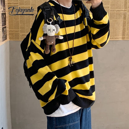 saferido       Men's Autumn Round Neck Sweater Korean Loose Casual Oversize Knit Pullover Youth Trend Fashion Striped Sweater Men