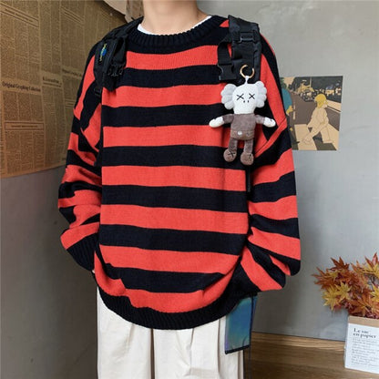 saferido       Men's Autumn Round Neck Sweater Korean Loose Casual Oversize Knit Pullover Youth Trend Fashion Striped Sweater Men