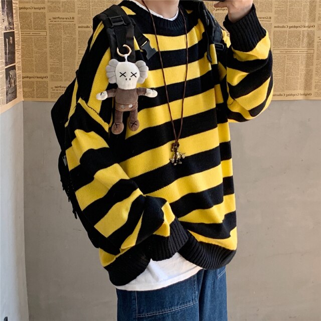 saferido       Men's Autumn Round Neck Sweater Korean Loose Casual Oversize Knit Pullover Youth Trend Fashion Striped Sweater Men