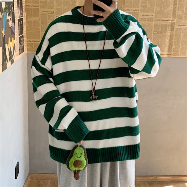 saferido       Men's Autumn Round Neck Sweater Korean Loose Casual Oversize Knit Pullover Youth Trend Fashion Striped Sweater Men