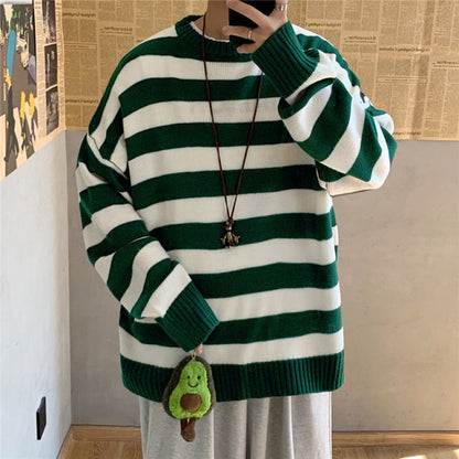 saferido       Men's Autumn Round Neck Sweater Korean Loose Casual Oversize Knit Pullover Youth Trend Fashion Striped Sweater Men