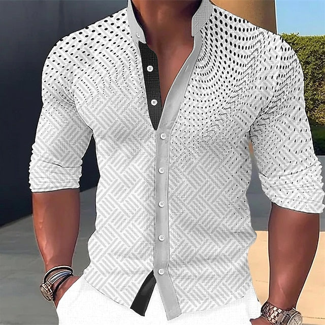 Men's Shirt Linen Shirt Polka Dot Graphic Prints Geometry Stand Collar Black White Blue Brown Green Outdoor Street Long Sleeve Print Clothing Apparel Linen Fashion Streetwear Designer Casual