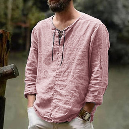 Men's Linen Shirt Summer Shirt Beach Shirt Maroon Black White Long Sleeve Solid Color Collarless Outdoor Street Clothing Apparel