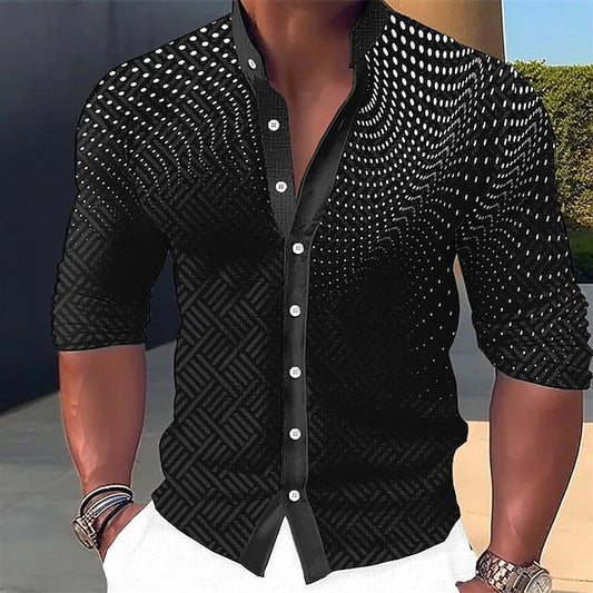 Men's Shirt Linen Shirt Polka Dot Graphic Prints Geometry Stand Collar Black White Blue Brown Green Outdoor Street Long Sleeve Print Clothing Apparel Linen Fashion Streetwear Designer Casual