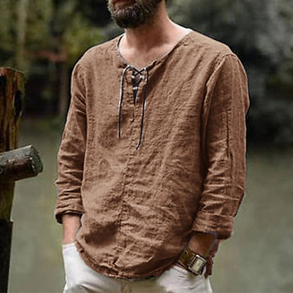 Men's Linen Shirt Summer Shirt Beach Shirt Maroon Black White Long Sleeve Solid Color Collarless Outdoor Street Clothing Apparel