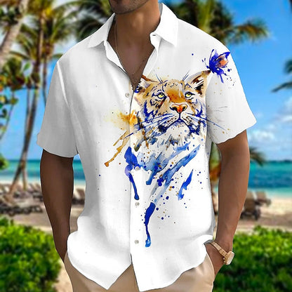 Men's Shirt Linen Shirt Animal Tiger Graphic Prints Turndown Light Yellow Black White Yellow Red Outdoor Street Short Sleeves Print Clothing Apparel Linen Fashion Designer Casual Soft