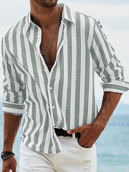 Men's Shirt Button Up Shirt Casual Shirt Summer Shirt Beach Shirt Yellow Pink Blue Sky Blue Green Long Sleeve Striped Lapel Street Vacation Print Clothing Apparel Fashion Leisure Hawaiian