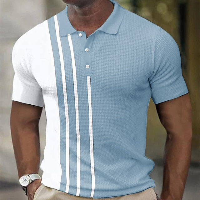 Men's Golf Shirt Waffle Polo Shirt Work Street Polo Collar Classic Short Sleeve Fashion Casual Striped Button Front Summer Spring Spring & Summer Regular Fit Black Pink Army Green Blue Light Grey
