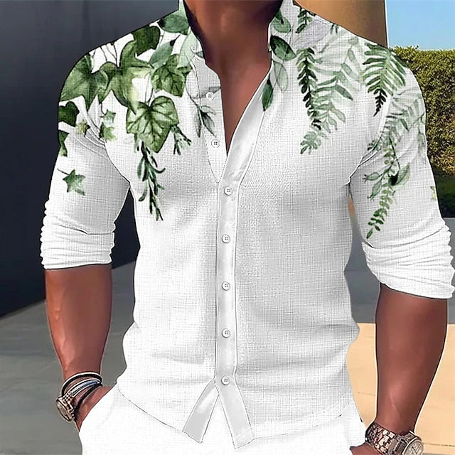 Men's Shirt Linen Shirt Floral Graphic Prints Stand Collar Blue-Green Blue Purple Green Gray Outdoor Street Long Sleeve Print Clothing Apparel Linen Fashion Streetwear Designer Casual