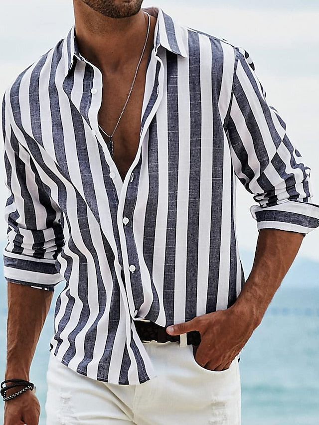 Men's Shirt Button Up Shirt Casual Shirt Summer Shirt Beach Shirt Yellow Pink Blue Sky Blue Green Long Sleeve Striped Lapel Street Vacation Print Clothing Apparel Fashion Leisure Hawaiian